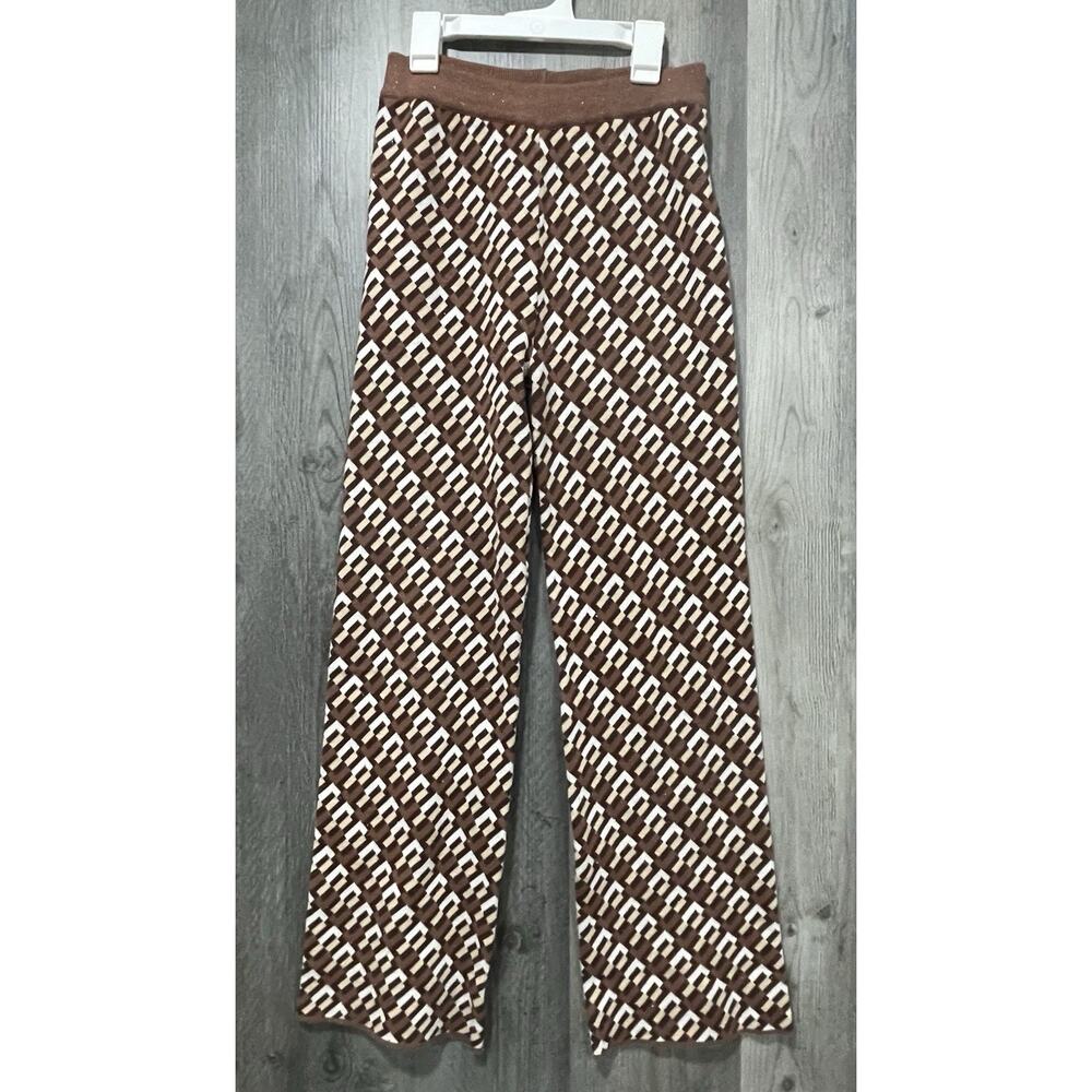 Womens 2 Piece Cider Geometric Print Knitted Polo Top & Trouser Set Brown - Picture 4 of 7